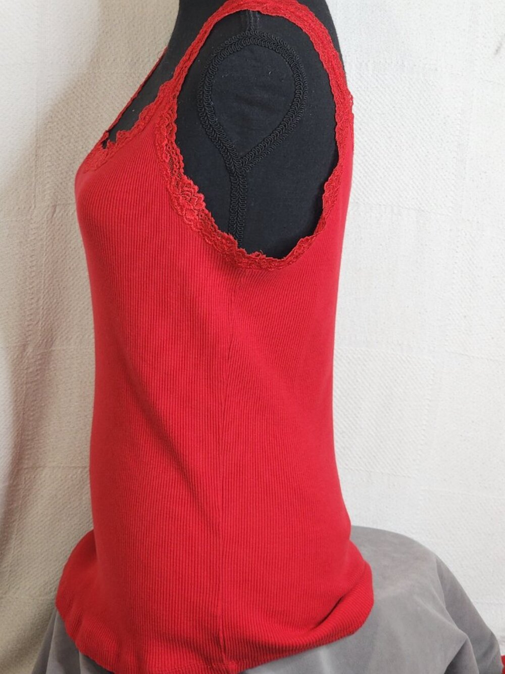 Chico's Red Ribbed Cotton Span Lace Neckline Straps Tank Top Chico Sz 3 US XL 16 - Picture 9 of 16